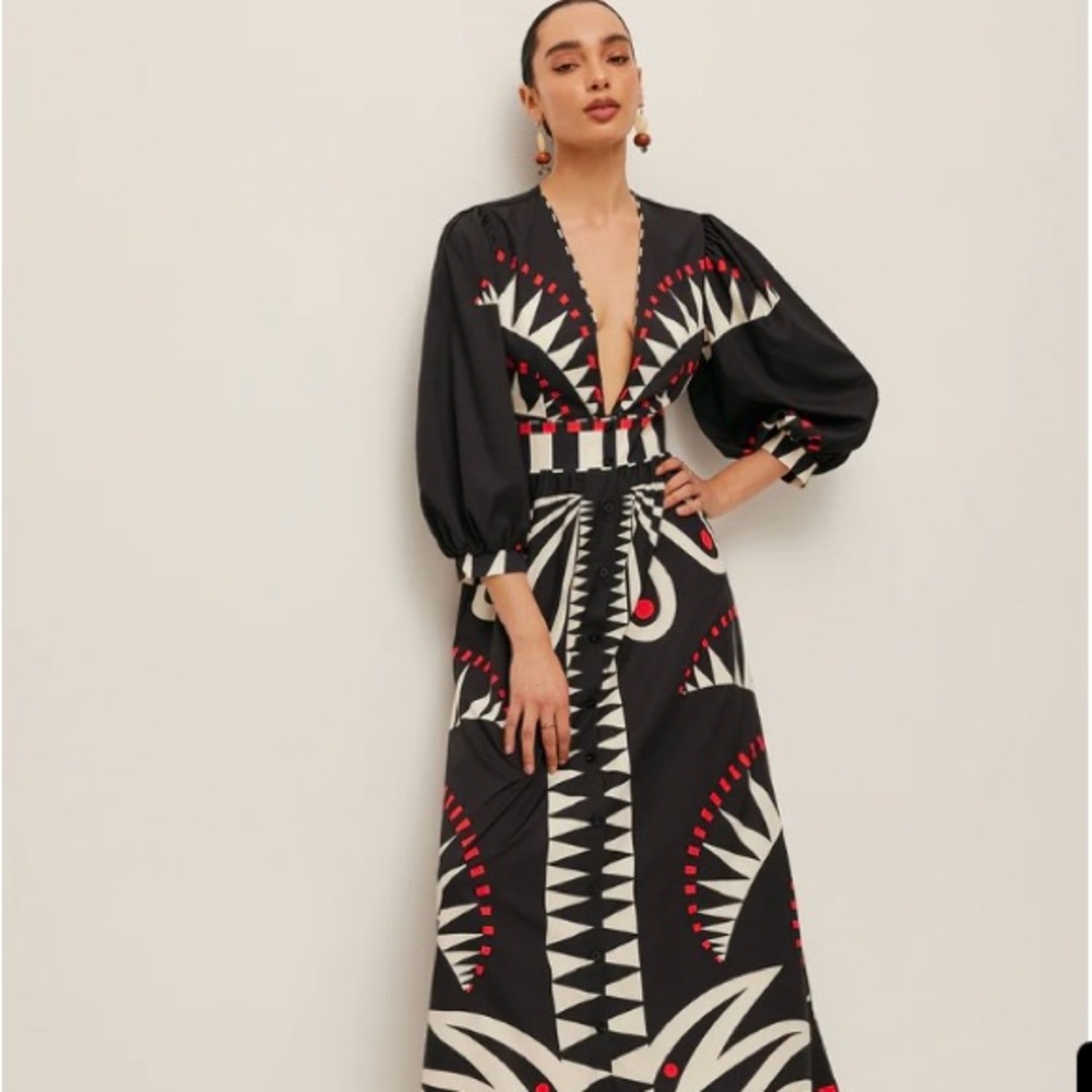 Commense Black and White Maxi Dress with Red Accents